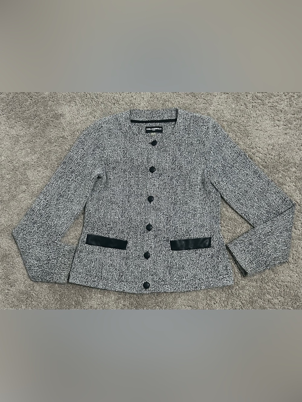 Karl Lagerfeld Paris Women’s Black White Tweed Button Front Lined Jacket 4